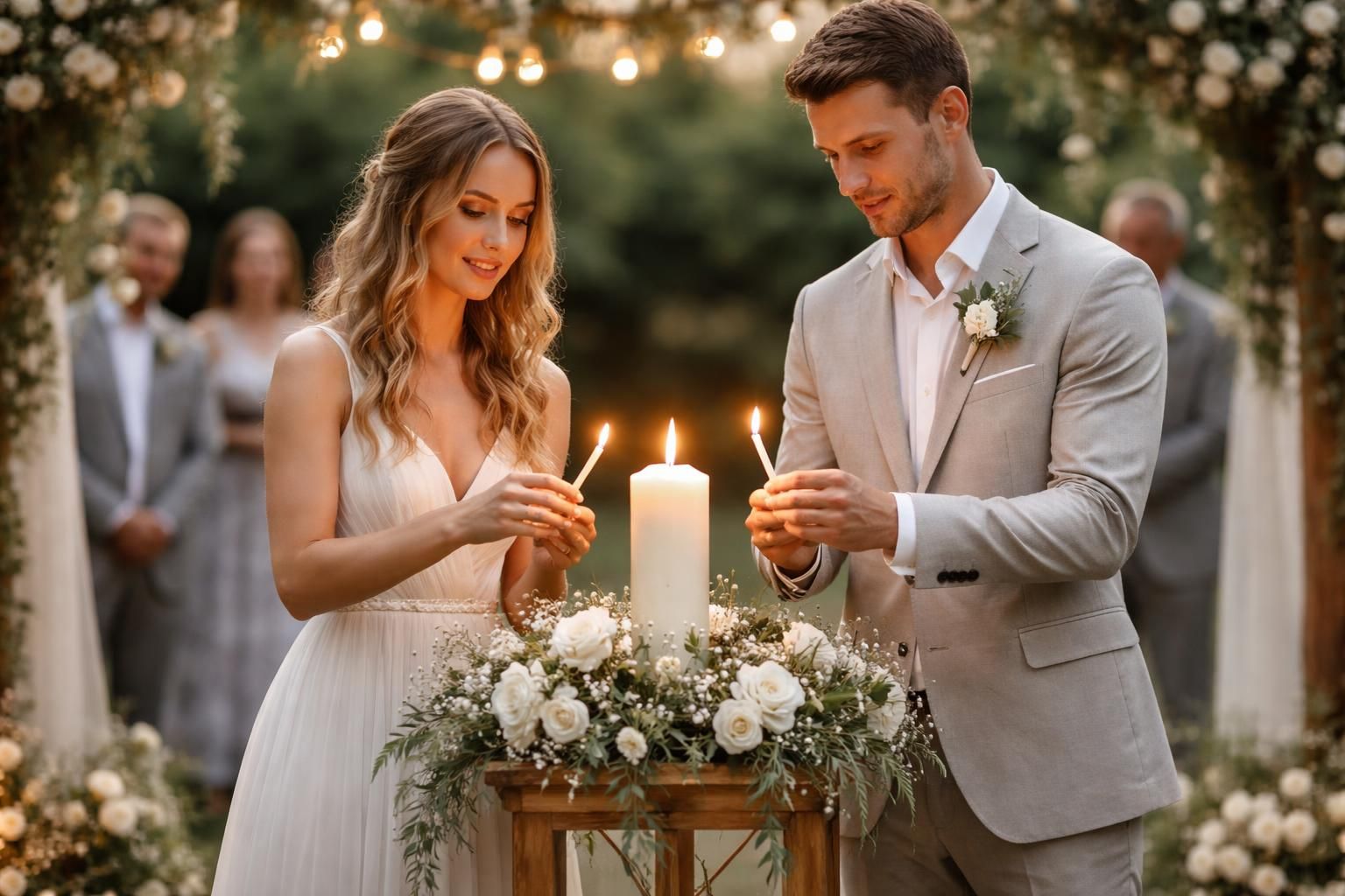 découvrez le rituel de la bougie, un moment symbolique et émouvant lors d'une cérémonie de mariage laïque, unissant les mariés dans une lumière partagée.