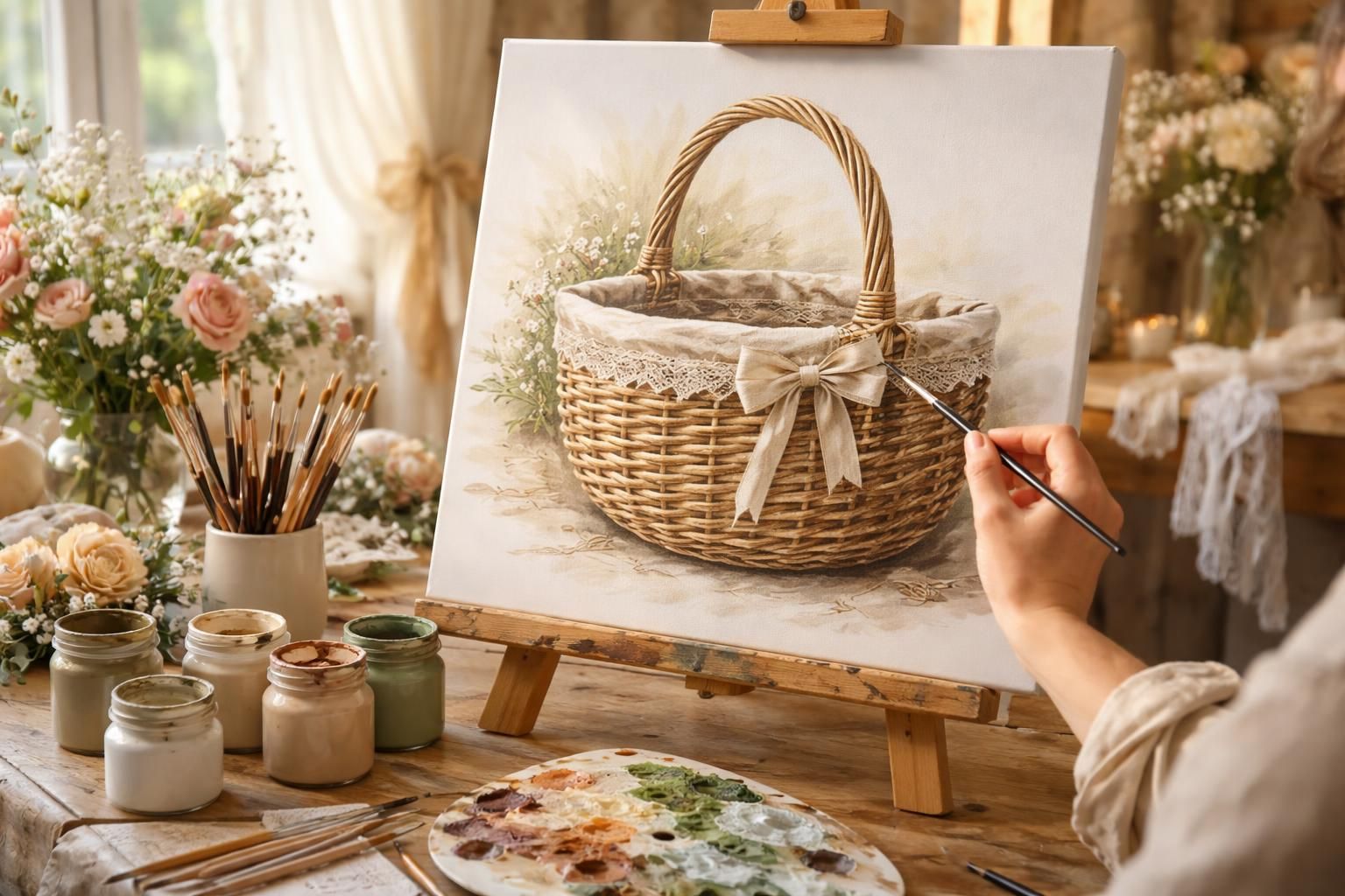 apprenez à peindre un panier en osier sur toile pour créer une décoration de mariage unique et personnalisée, étape par étape.