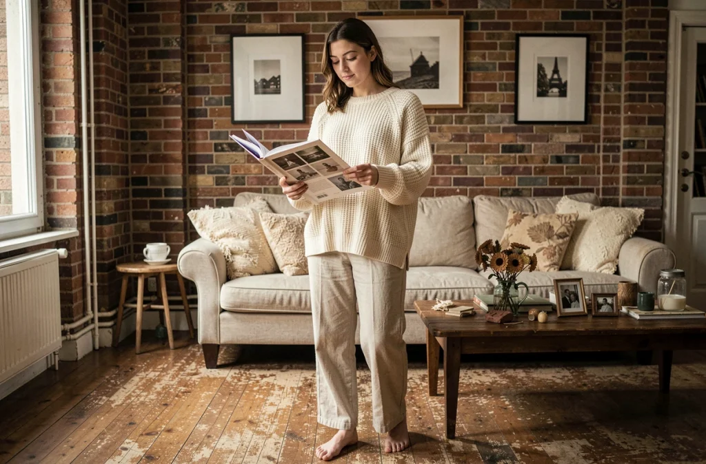 Jeune femme feuilletant un album photo souvenir dans un appartement parisien cosy, ambiance intime et nostalgique
