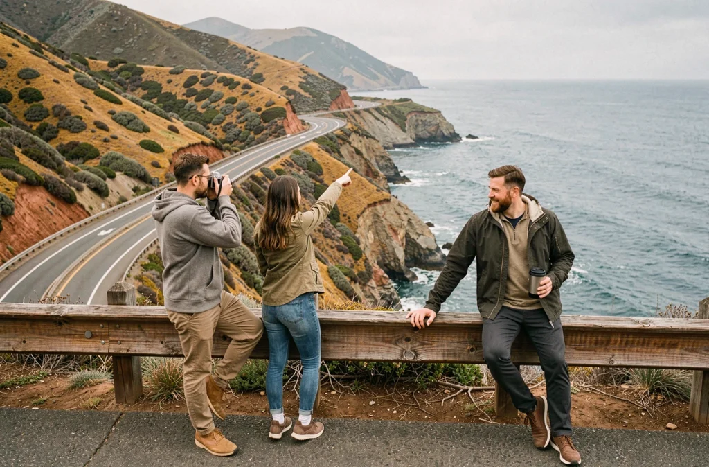 Trois amis faisant une pause dans un belvédère sur la Highway 1 à Big Sur avec vue panoramique sur la côte californienne