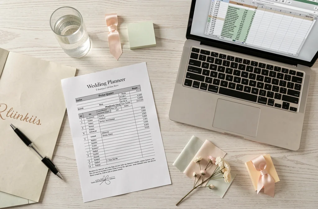 Vue de dessus du bureau d'un wedding planner avec devis, budget et échantillons pour un mariage en France