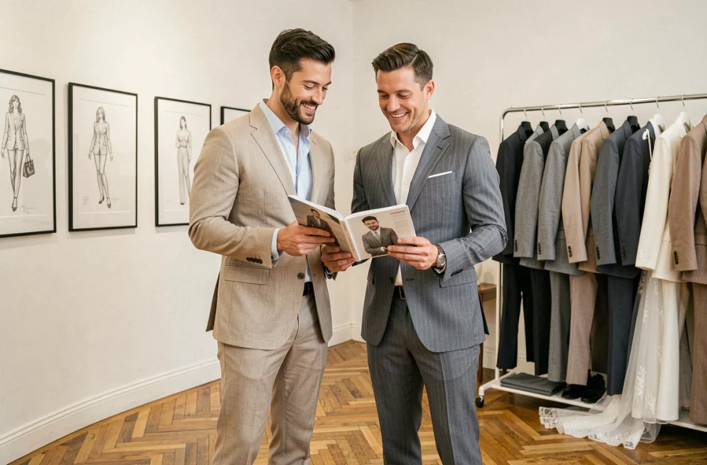 Deux hommes de morphologies différentes comparant des costumes de mariage adaptés à leur silhouette dans une boutique parisienne