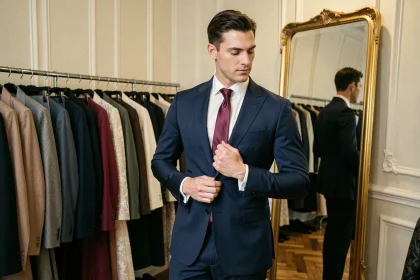 Homme grand et mince en costume slim bleu marine ajusté pour mariage dans une boutique de location de costumes à Paris