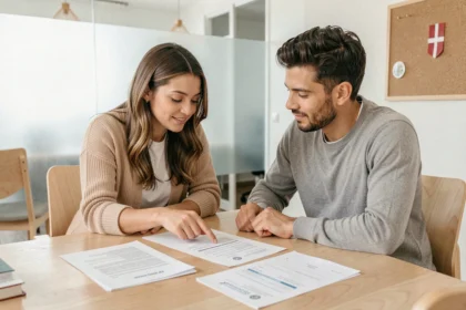 Couple examinant des documents officiels dans un bureau scandinave pour préparer un mariage au Danemark