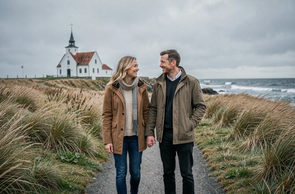 Couple se tenant la main devant une église danoise traditionnelle sur un chemin côtier en automne