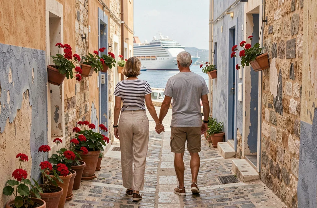 Couple de touristes en excursion dans une ruelle pittoresque d'un port méditerranéen lors d'une escale de croisière