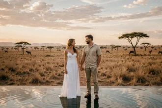 Couple de jeunes mariés au bord d'une piscine à débordement dans un lodge d'Afrique australe avec vue sur la savane