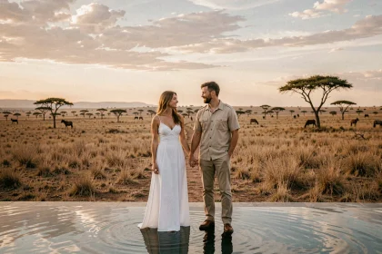 Couple de jeunes mariés au bord d'une piscine à débordement dans un lodge d'Afrique australe avec vue sur la savane