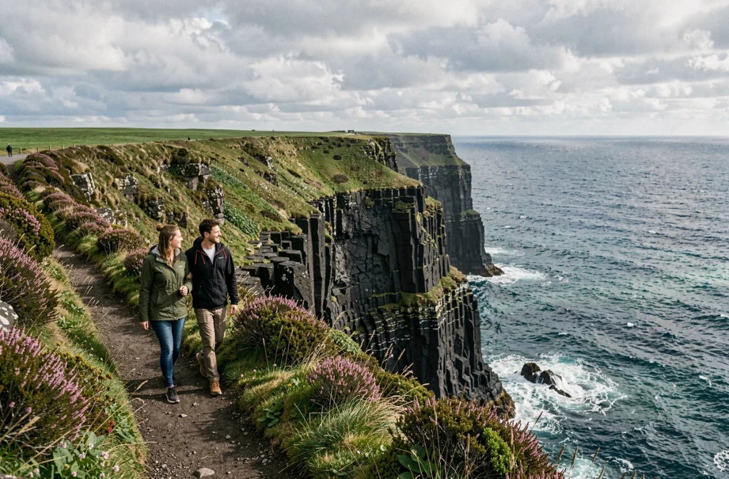 Couple de voyageurs marchant sur un sentier côtier au-dessus des falaises volcaniques de l'île de Faial aux Açores