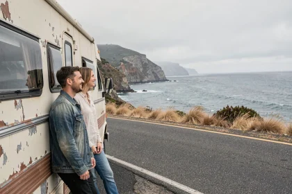 Un couple souriant appuyé contre un van aménagé sur une route côtière de Californie avec vue sur l'océan Pacifique