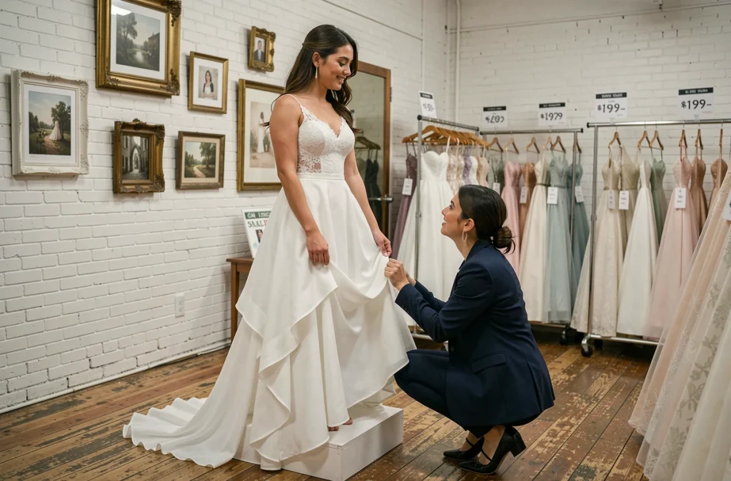 Mariée essayant une robe de mariée pas cher dans une boutique économique pendant une discussion sur le prix avec la vendeuse