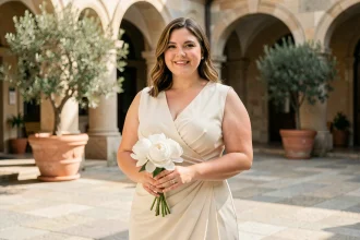 Femme grande taille en robe portefeuille ivoire élégante devant la mairie pour un mariage civil