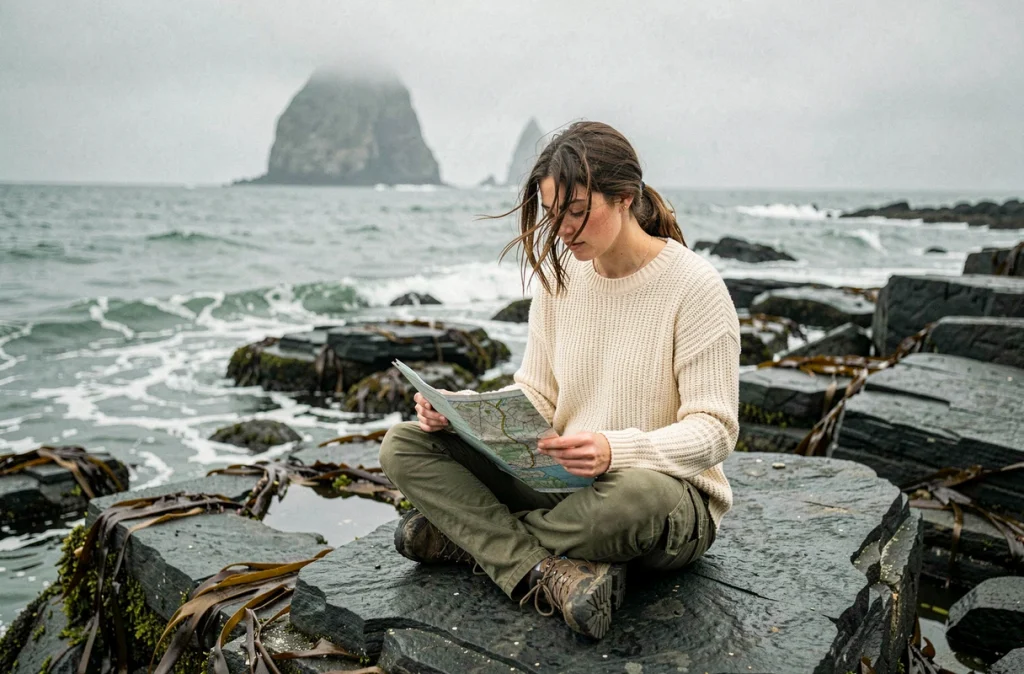Une femme seule assise sur un rocher en bord de mer sur la côte de l'Oregon consultant une carte routière en papier