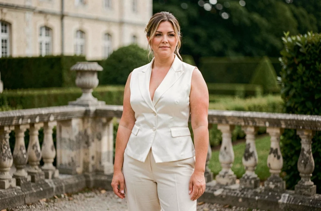 Femme ronde en gilet blanc satiné et pantalon ivoire posant dans un jardin de château pour un mariage chic en plein air