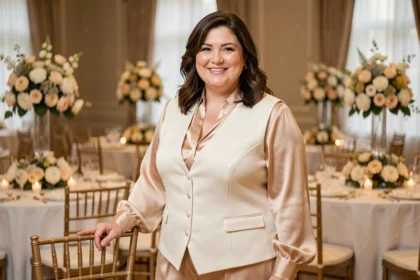 Femme grande taille portant un gilet blanc élégant lors d'une réception de mariage dans une salle décorée avec des nappes blanches et des fleurs