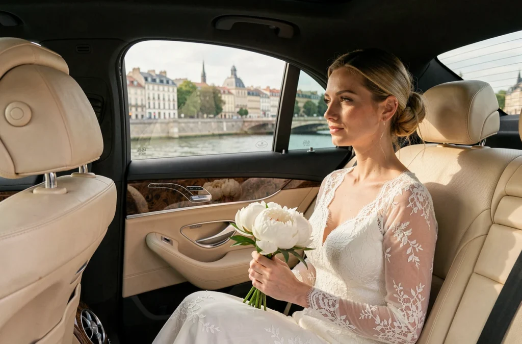 Mariée en robe de dentelle assise dans une Mercedes de luxe avec vue sur les bords de la Garonne à Toulouse