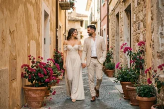 Couple de jeunes mariés marchant dans une ruelle pavée de Taormine en Sicile entourés de bougainvilliers