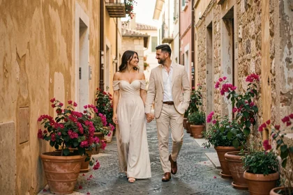Couple de jeunes mariés marchant dans une ruelle pavée de Taormine en Sicile entourés de bougainvilliers