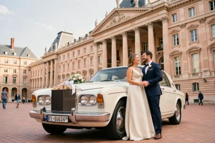 Couple de mariés devant une Rolls-Royce blanche décorée de rubans devant le Capitole de Toulouse