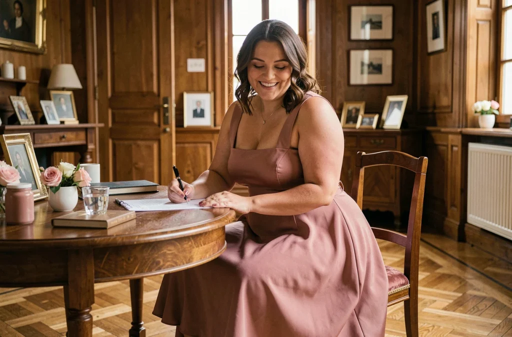 Mariée grande taille en robe rose midi signant le registre lors d'un mariage civil