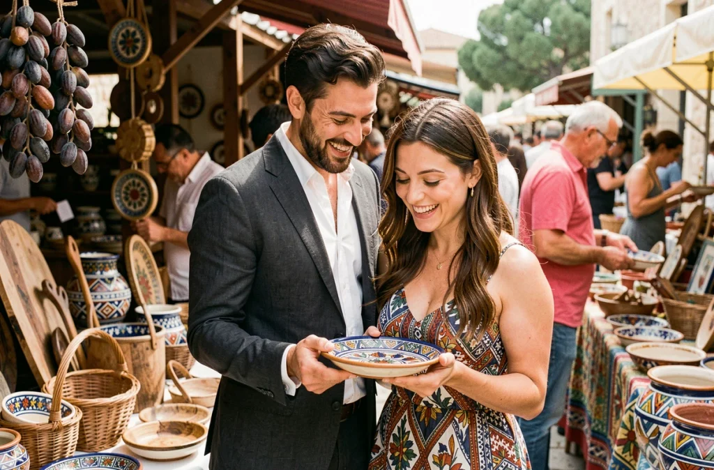 Couple de jeunes mariés riant au marché artisanal sicilien entourés de céramiques traditionnelles colorées