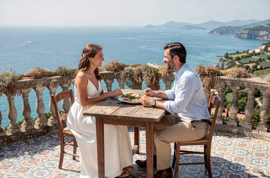 Mariés dégustant des antipasti sur une terrasse en bord de falaise avec vue sur la mer de Sicile