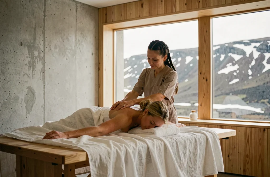 Femme recevant un massage dans un spa islandais minimaliste avec vue sur un paysage volcanique enneigé par une grande baie vitrée