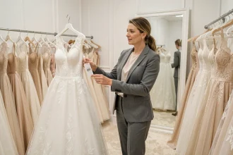 Femme négociant le prix d'une robe de mariée dans une boutique spécialisée, tenant une étiquette de prix avec assurance