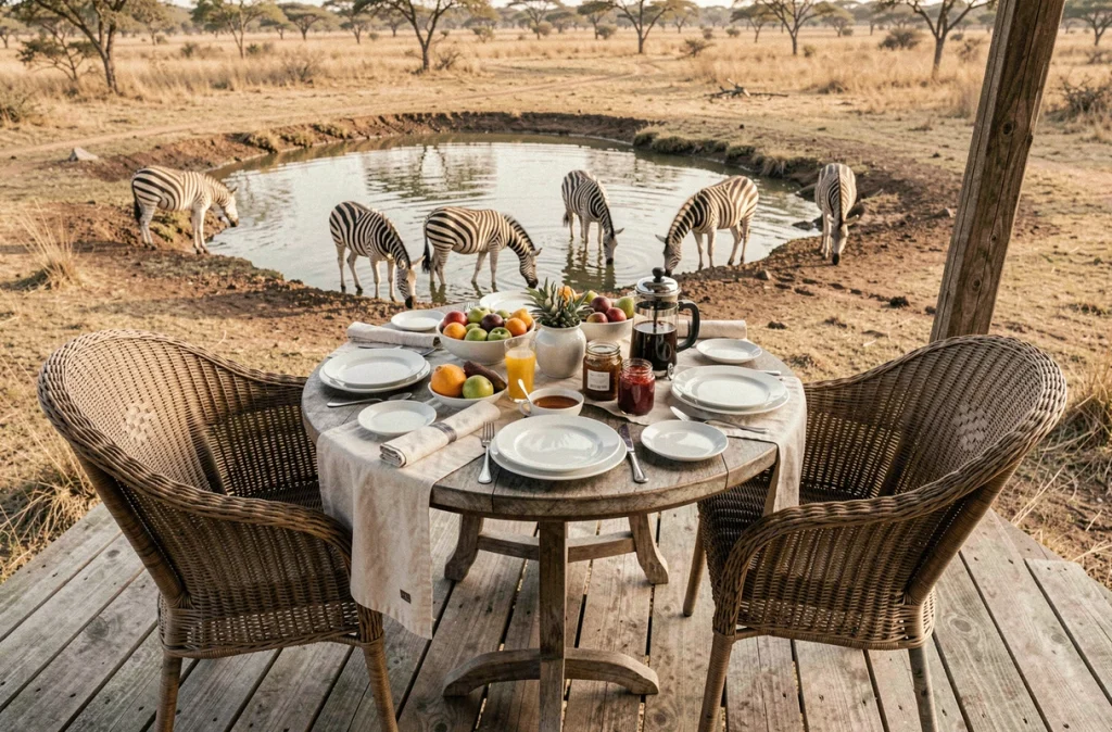 Table de petit-déjeuner romantique sur une terrasse de lodge surplombant un point d'eau avec des zèbres en Afrique du Sud