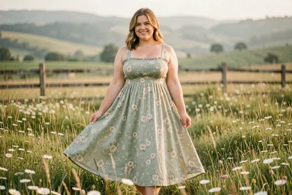 Femme grande taille souriante portant une robe champêtre fleurie vert sauge dans une prairie sauvage ensoleillée