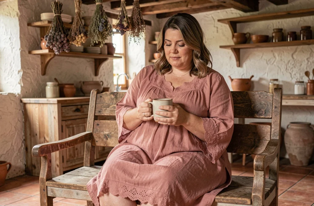 Femme ronde épanouie en robe lin rose champêtre assise dans une cuisine de ferme rustique avec mug en céramique