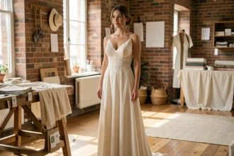 Femme portant une robe de mariée écoresponsable en coton biologique dans un atelier artisanal avec des détails de couture naturels