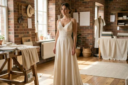Femme portant une robe de mariée écoresponsable en coton biologique dans un atelier artisanal avec des détails de couture naturels