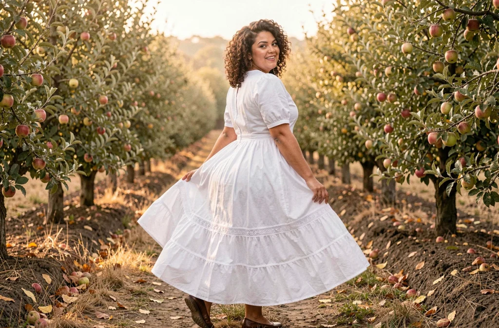 Jeune femme grande taille en robe blanche prairie brodée marchant dans un verger de pommiers en automne