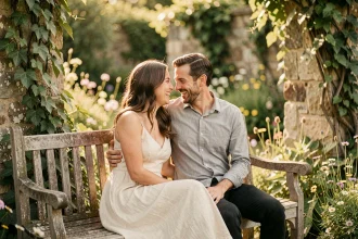 Couple complice assis sur un banc en bois dans un jardin botanique, riant ensemble lors d'une séance photo de couple authentique
