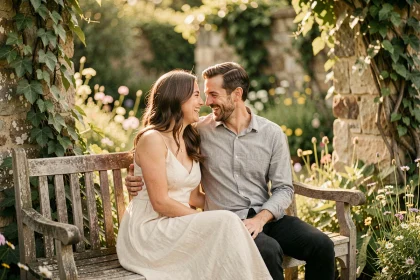 Couple complice assis sur un banc en bois dans un jardin botanique, riant ensemble lors d'une séance photo de couple authentique