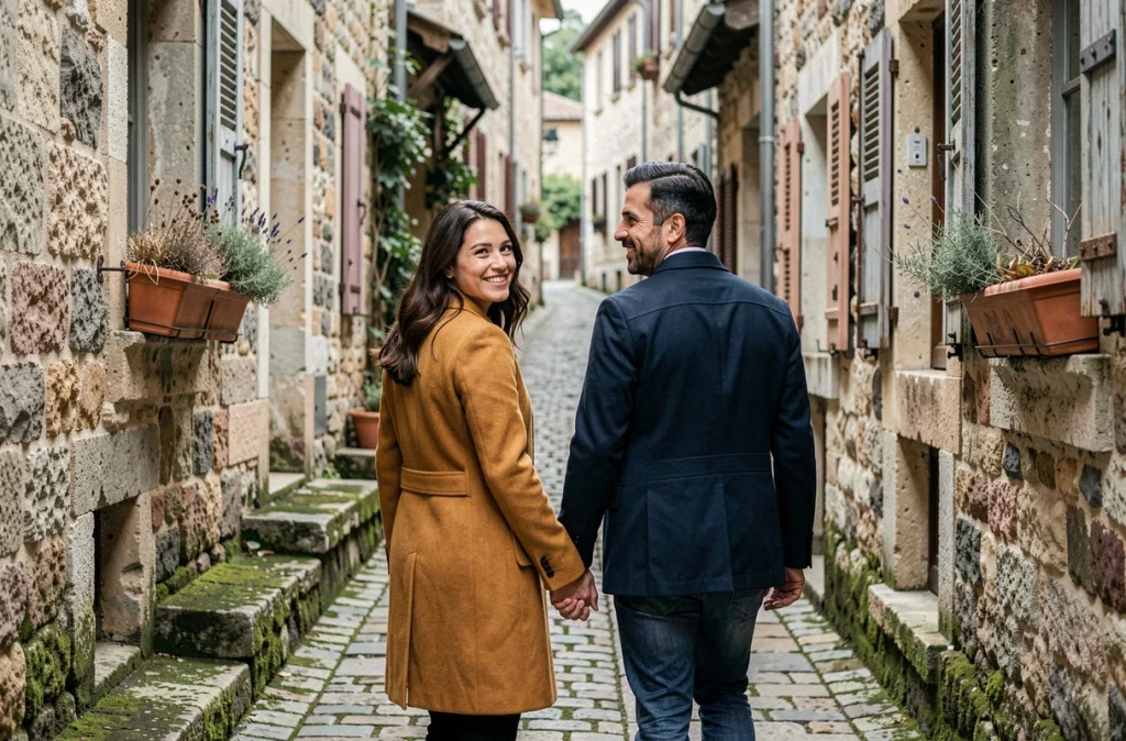 Couple se promenant main dans la main dans une ruelle pavée d'un village européen, séance photo romantique et authentique en extérieur