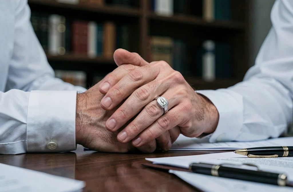Homme portant une chevalière en argent et une alliance sur les doigts, mains posées sur un bureau en bois, symbolisant personnalité et statut social