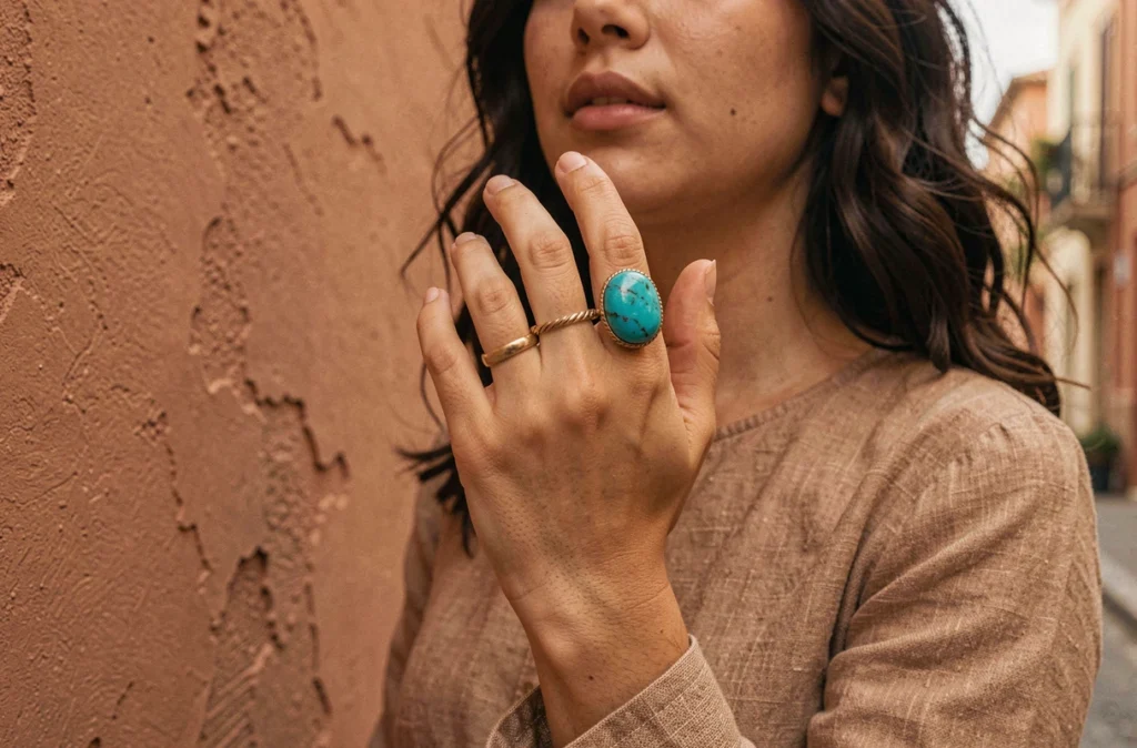 Jeune femme bohème portant une collection de bagues variées dont une turquoise, main levée contre un mur en terre cuite, exprimant sa personnalité à travers ses bijoux