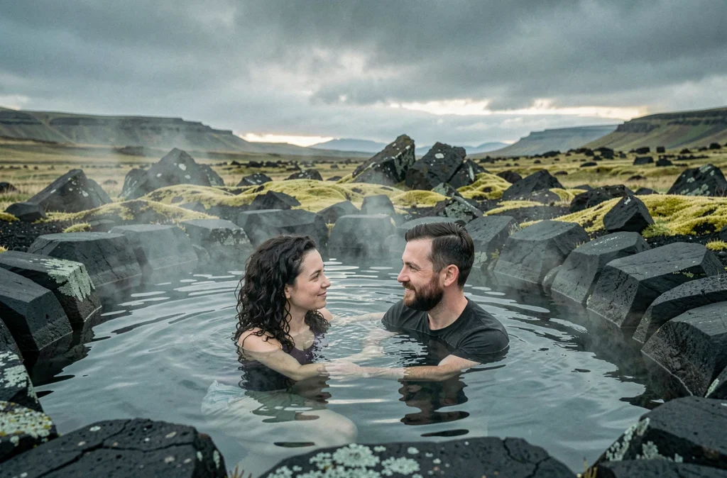Couple immergé dans une source chaude naturelle creusée dans la roche basaltique noire en Islande, entouré de mousse et d'un paysage de highlands sauvages