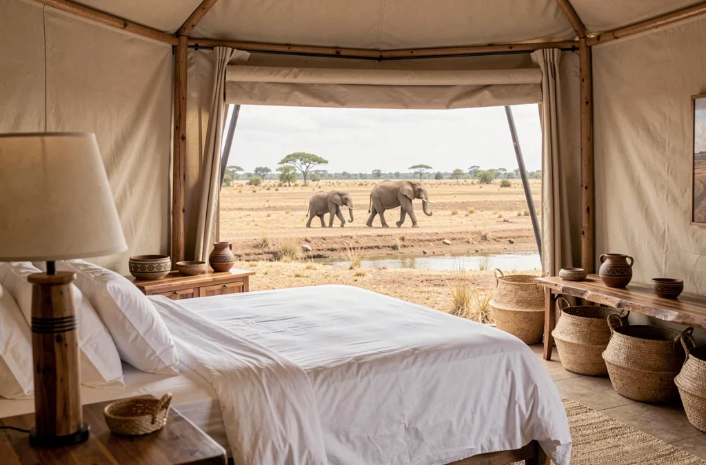 Intérieur luxueux d'une suite de lodge en tente en Afrique australe avec vue sur un lit de rivière et des éléphants