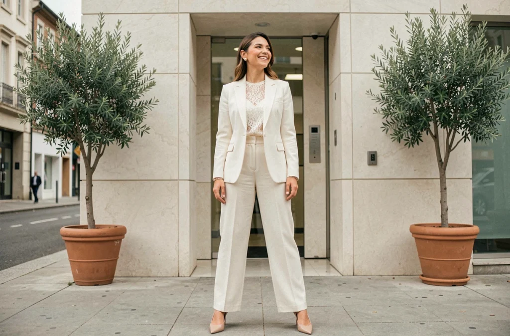 Femme en combinaison pantalon ivoire et blouse en dentelle pour un mariage civil devant une mairie moderne