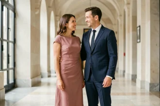 Couple assorti pour un mariage civil, femme en robe midi rose poudré et homme en costume bleu marine dans un couloir de mairie élégant