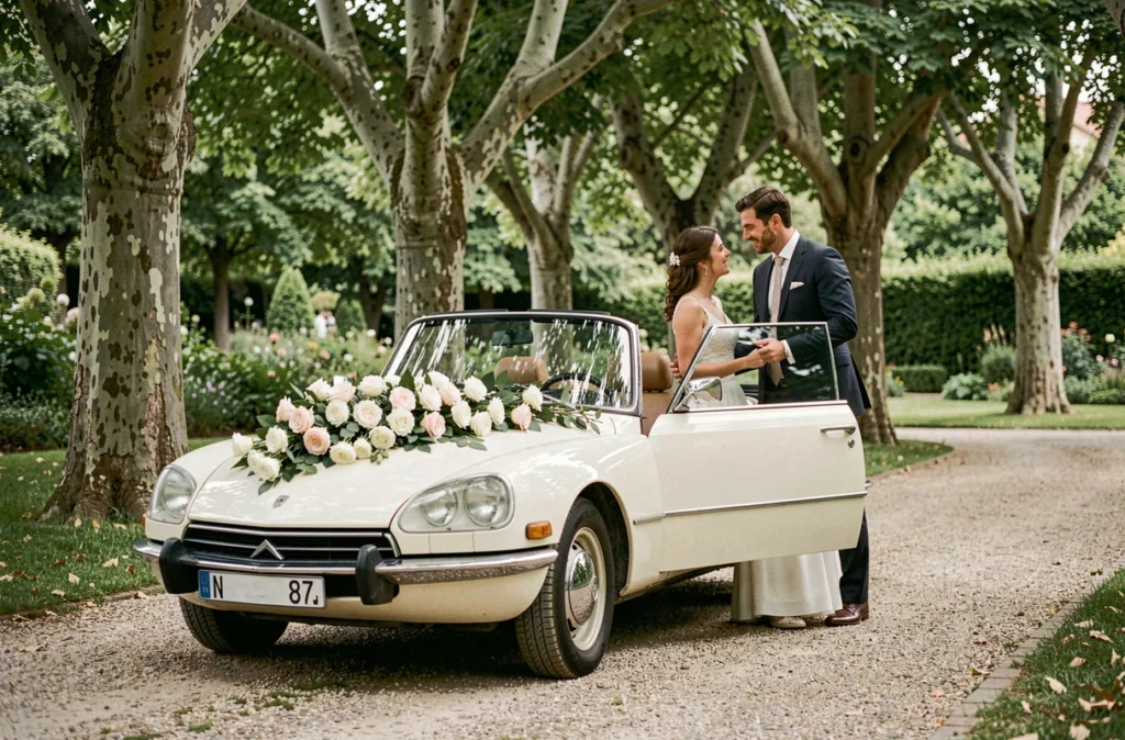Couple de mariés sortant d'une Citroën DS décapotable fleurie dans un jardin de Toulouse