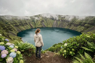 Voyageuse contemplant le lac de cratère de Sete Cidades aux Açores entouré de collines verdoyantes