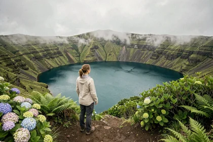 Voyageuse contemplant le lac de cratère de Sete Cidades aux Açores entouré de collines verdoyantes