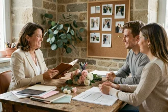 Wedding planner professionnelle présentant un devis budgétaire à un couple de futurs mariés dans un studio parisien