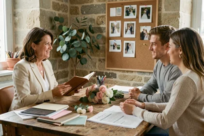 Wedding planner professionnelle présentant un devis budgétaire à un couple de futurs mariés dans un studio parisien