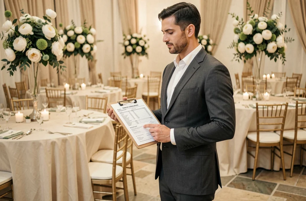 Wedding planner masculin supervisant la décoration d'une salle de réception avant un mariage en France