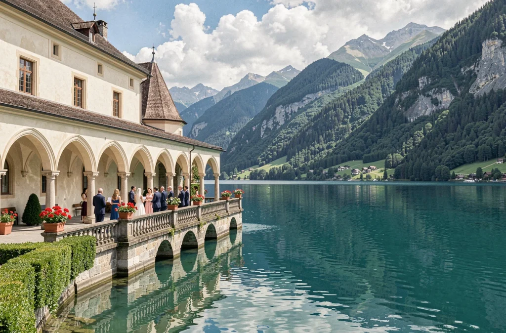 Abbaye de Talloires au bord du lac d'Annecy, terrasse de mariage avec reflets alpins dans l'eau turquoise